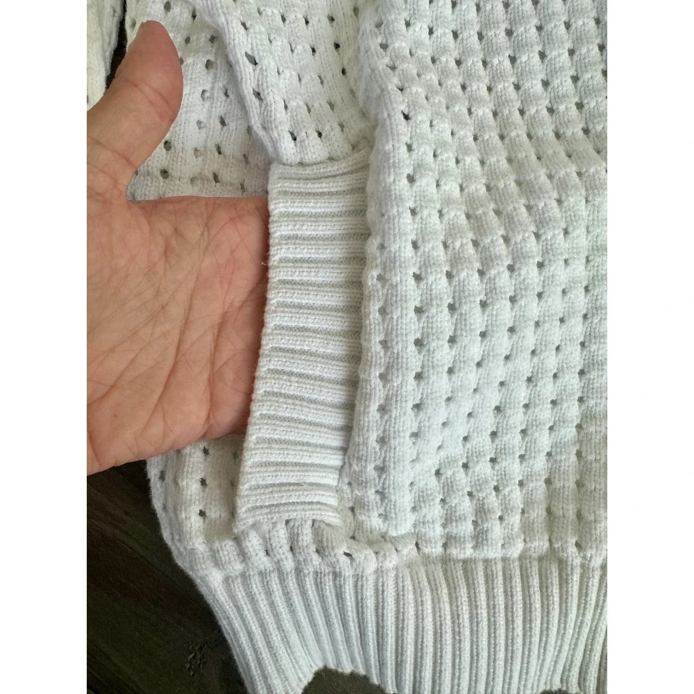 Evereve Harlow White Pointelle Open Knit Bomber Jacket Faux Leather Trim XS